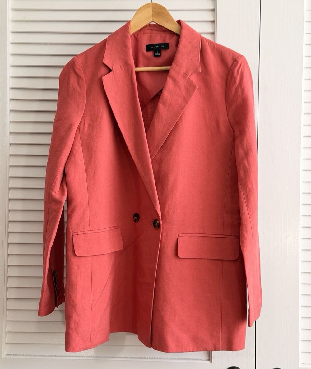 Ann Taylor Size 8 Blush Pink Linen Blend Double Breasted Longline Blazer Jacket